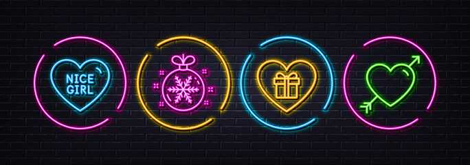 Romantic gift, Nice girl and Christmas ball minimal line icons. Neon laser 3d lights. Love icons. For web, application, printing. Surprise with love, Snowflake, Valentines day. Vector