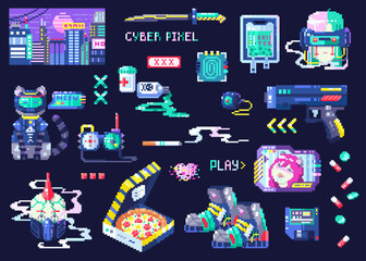 Pixel art cyberpunk. Retro futurism collection of decorative icons and illustrations like cyberpunk city, girl, tablet, gun, weapon, smoke, medicine, heart, pizza, tablet, glasses, implant, cat. 