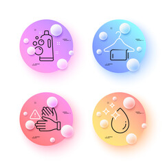 Water drop, Clean bubbles and Dont touch minimal line icons. 3d spheres or balls buttons. Clean towel icons. For web, application, printing. Crystal aqua, Laundry shampoo, Laundry hanger. Vector