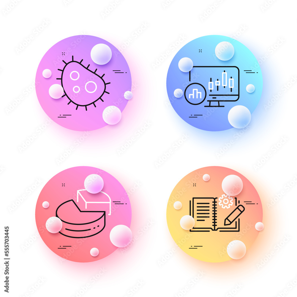 Poster candlestick chart, engineering documentation and bacteria minimal line icons. 3d spheres or balls bu