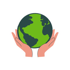 Human hand holds small Earth with love and care. Concept of ecological movement and responsibility for nature. Green planet in the arm. Vector illustration