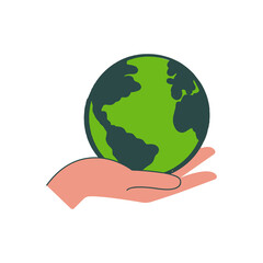 Human hand holds small Earth with love and care. Concept of ecological movement and responsibility for nature. Green planet in the arm. Vector illustration