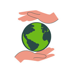 Human hand holds small Earth with love and care. Concept of ecological movement and responsibility for nature. Green planet in the arm. Vector illustration