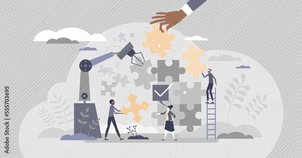 Poster robot teamwork puzzle as factory 4.0 manufacturing automation tiny person concept. futuristic scene 