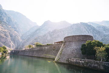 Fototapeta na wymiar Wall of ancient fortress in Old Town of Kotor, Montenegro