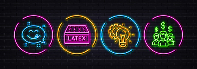 Idea gear, Latex mattress and Yummy smile minimal line icons. Neon laser 3d lights. Salary employees icons. For web, application, printing. Technology process, Sleeping pad, Emoticon. Vector