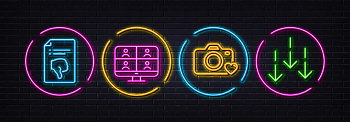 Photo camera, Thumb down and Video conference minimal line icons. Neon laser 3d lights. Scroll down icons. For web, application, printing. Love photos, Decline file, Team training. Vector