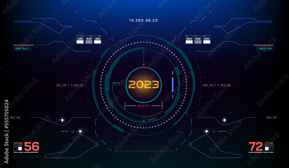 Leinwandbilder HUD Futuristic Elements 2023 Identification System Scanning Concept. Cyberpunk Abstract Screen Scifi UI Monitoring Panel Display Illustration.
