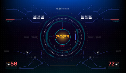 Obraz premium HUD Futuristic Elements 2023 Identification System Scanning Concept. Cyberpunk Abstract Screen Scifi UI Monitoring Panel Display Illustration.