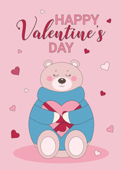 Valentines day greeting card, banner, poster, invitation with cute bear and hearts. Holiday concept
