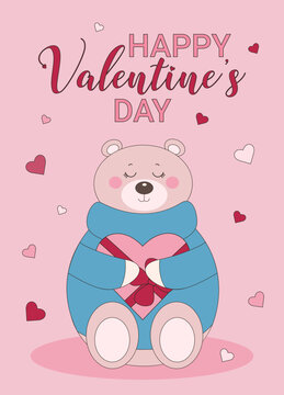 Valentines day greeting card, banner, poster, invitation with cute bear and hearts. Holiday concept © Alla Savkina