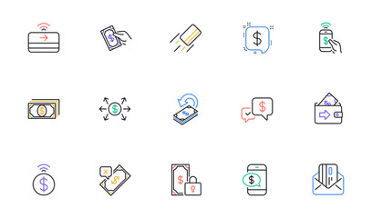 Money payment line icons. Accept transfer, Pay by Phone and Credit card. Cash linear icon set. Bicolor outline web elements. Vector