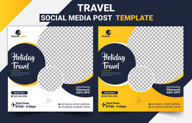 Holiday Travel social media post design template. Traveling or summer beach travelling social media post or web banner template design.
