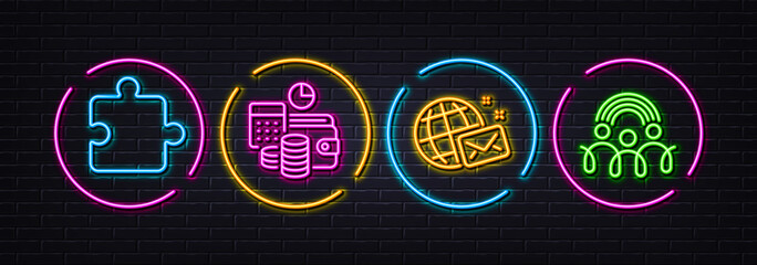 World mail, Puzzle and Budget accounting minimal line icons. Neon laser 3d lights. Inclusion icons. For web, application, printing. Chat, Puzzle piece, Financial trade. Equity rainbow. Vector