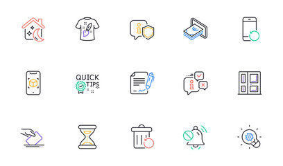 T-shirt design, Cash and Recovery phone line icons for website, printing. Collection of Recovery trash, Time, Signing document icons. Innovation, Augmented reality, Sleep web elements. Vector