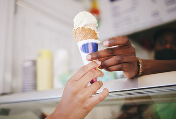Hands, ice cream and woman buying icecream cone at a shop, local and small business support. Sugar,...