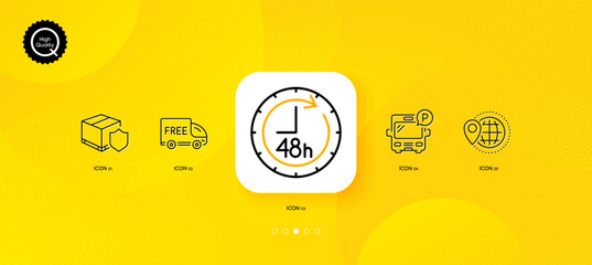 Fototapeta na wymiar Free delivery, Bus parking and 48 hours minimal line icons. Yellow abstract background. Delivery insurance, World travel icons. For web, application, printing. Vector