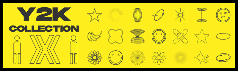 Vector set of Y2K. Trendy geometric postmodern figures. Flat minimalist icons. Anti-design. Vector illustration
