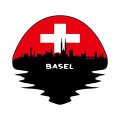 Basel Switzerland Flag Skyline Silhouette Retro Vintage Sunset Basel Lover Travel Souvenir Sticker Vector Illustration SVG EPS