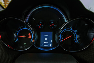 car instrument panel, car speed motor of night, car dashboard modern automobile control illuminated...