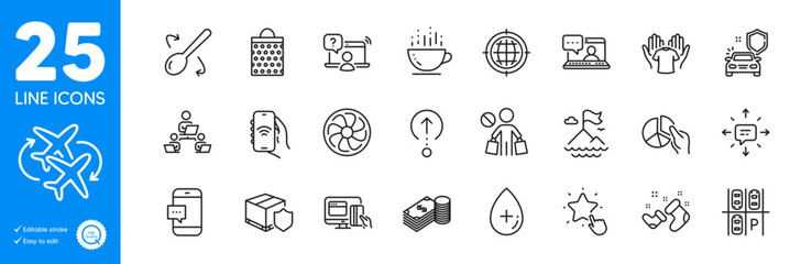 Outline icons set. Parking place, Friends chat and Coffee cup icons. Car secure, Hold t-shirt, Pie chart web elements. Teamwork, Delivery insurance, Seo internet signs. Savings. Vector