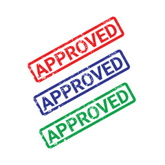 Grunge red blue green approved square rubber seal stamp on white background