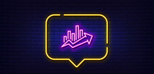Neon light speech bubble. Growth chart line icon. Discount sign. Sale diagram symbol. Neon light background. Growth chart glow line. Brick wall banner. Vector