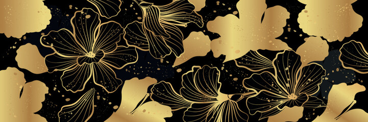 Vector background with golden flowers on a black background. Line art style.