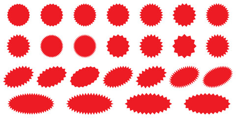 Starburst red sticker set - collection of special offer sale round and oval sunburst labels and buttons isolated on white background. Stickers and badges with star edges for promo advertising.