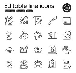 Set of Education outline icons. Contains icons as People chatting, Brush and Best manager elements. Calendar, Checked calculation, Video conference web signs. Edit statistics, Quick tips. Vector