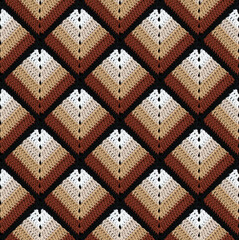 Seamless knitted pattern in the form of gradient rhombuses is crocheted with multi-colored threads. Patchwork style. Monochrome color combination.
