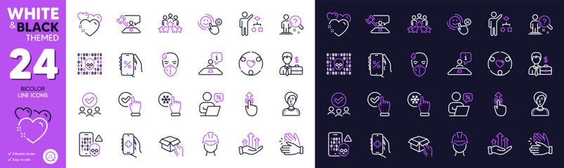 Hold box, Judge hammer and Growth chart line icons for website, printing. Collection of Checkbox, Online discounts, Search employee icons. Businessman case, Sick man, Swipe up web elements. Vector