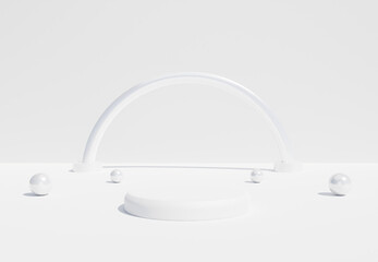 White cylinder podium with decorative abstract objects on white background. Stand to show products. Stage showcase with copy space. Pedestal display.  3D rendering. Futuristic concept.