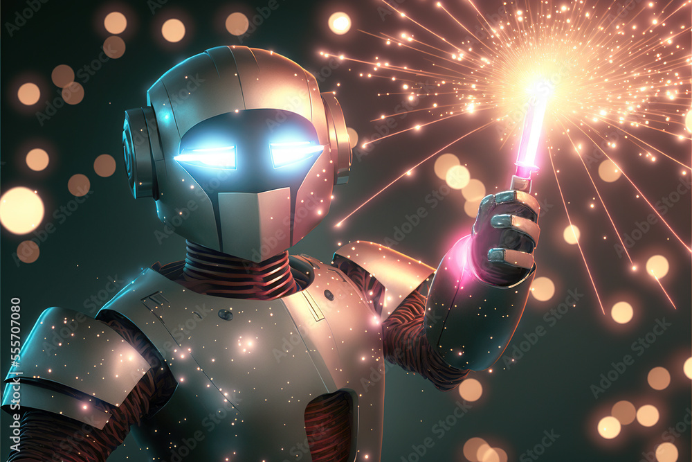Poster cyborg robot holding a sparkler, dark background with bokeh lights. generative ai illustration
