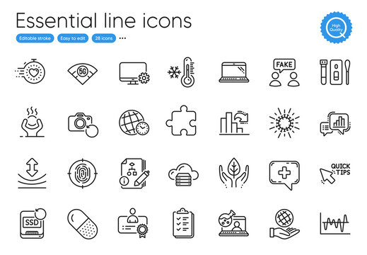 Capsule pill, Laptop and Puzzle line icons. Collection of Covid test, Low thermometer, Fair trade icons. Fingerprint, Decreasing graph, Time zone web elements. Medical chat, Algorithm. Vector