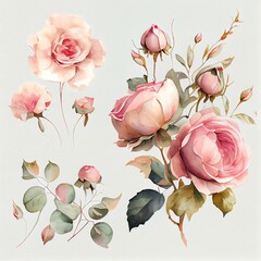 Watercolor isolated roses and flowers. Generative AI