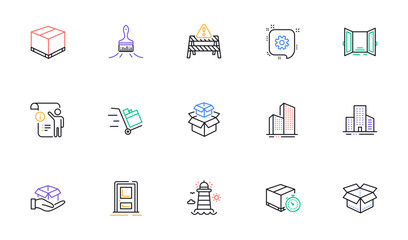 Entrance, Lighthouse and Packing boxes line icons for website, printing. Collection of Delivery box, Hold box, Cogwheel icons. Open door, Brush, Warning road web elements. Vector