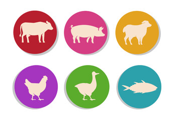 Badges or labels with animal symbols vector illustrations set. Silhouettes of cow, pig, lamb, chicken, duck, fish in colorful circles isolated on white background. Food, farm, agriculture concept