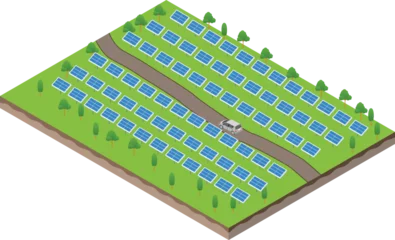 Poster isometric scene of solar farm panels and dirt road © moxumbic