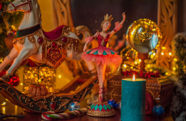 Christmas decorations on the holiday tree.Many colorful balls garland glowing lamps and toys on the branches .Festive traditional  scene
