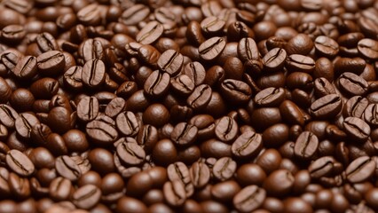 Obraz premium This photograph captures a pile of freshly roasted coffee beans, with a rich, deep color and a distinctive, aromatic smell.Complex flavor that will be extracted from them when brewed into a cup.