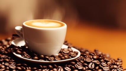 This close-up photograph captures a coffee cup filled with a frothy cappuccino sitting atop a pile of freshly roasted coffee beans. The shallow depth of field brings focus to the cup and beans.