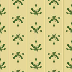 Green Cannabis Leaves Seamless Vector Pattern in Line Art Retro Wallpaper Style for Medical Marijuana Package Design Usage.