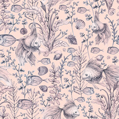 Sea life. Hand drawn fish, algae and shels. Seamless pattern.