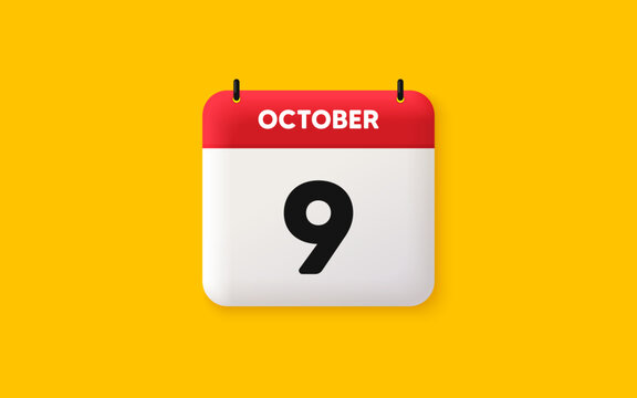 Calendar date 3d icon. 9th day of the month icon. Event schedule date. Meeting appointment time. Agenda plan, October month schedule 3d calendar and Time planner. 9th day day reminder. Vector