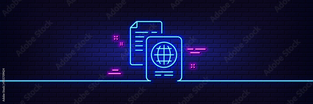 Poster neon light glow effect. passport document line icon. id file page sign. office note symbol. 3d line 