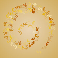Euro dollar pound yen golden icons flying money vector background. Business pattern. Currency icons