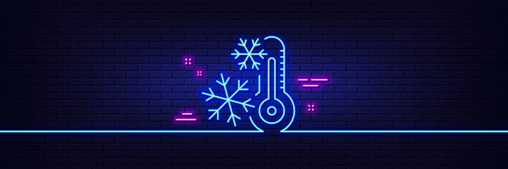 Neon light glow effect. Freezing thermometer line icon. AC cold temperature sign. Fridge function symbol. 3d line neon glow icon. Brick wall banner. Freezing outline. Vector