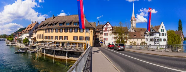 Poster panoramic view of beautiful old town Stein am Rhein in Switzerland border with Germany. Popular tourist destination © Freesurf