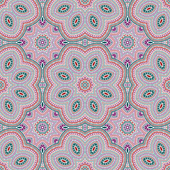 Moroccan authentic floral vector seamless pattern. Wallpaper patchwork design. Vintage boho motif. Wall decor design. Star symmetry composition.